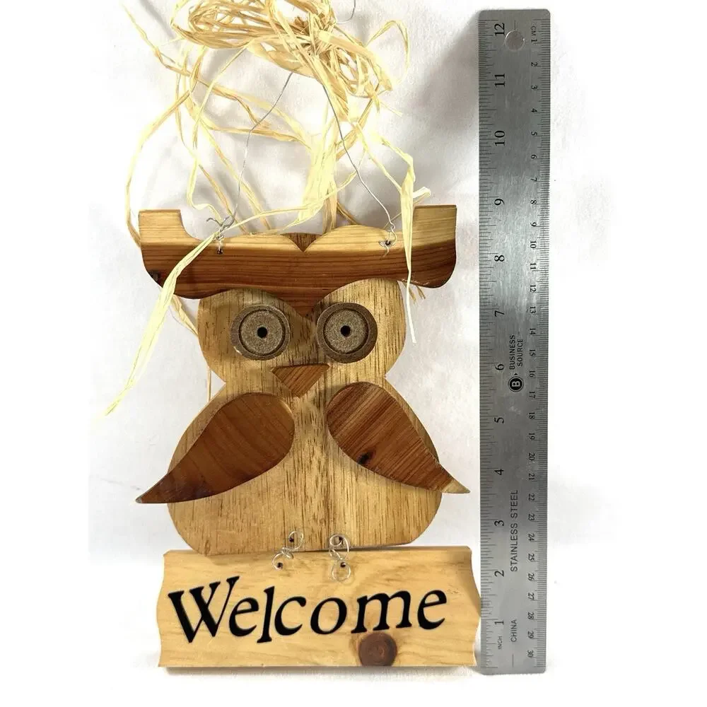 Wooden Owl Welcome Sign Rustic Folk Art Hanging Door Wall Decor Raffia 9”